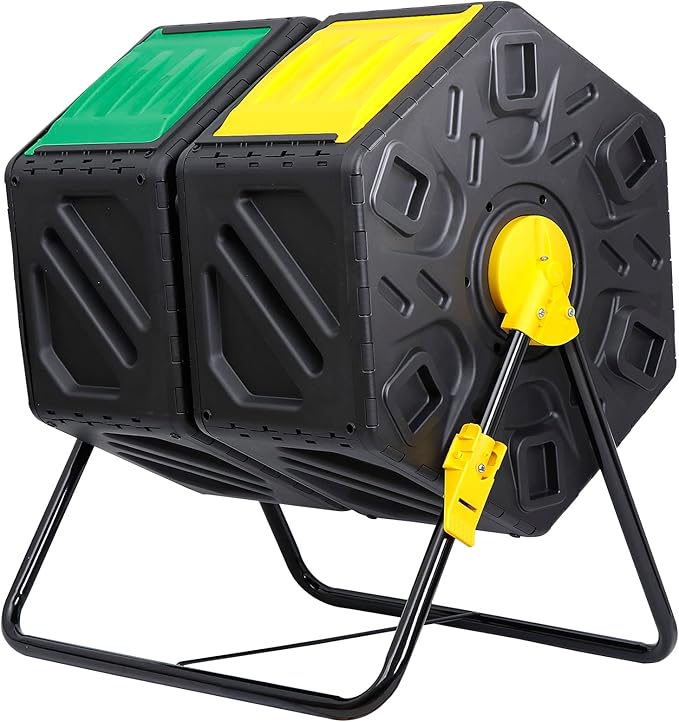 F2C Dual Chamber 37 Gallon Compost Tumbler All-Season Outdoor BPA Free Large Composter Bin w/ 2 Sliding Doors and Solid Steel Frame