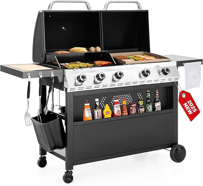 5 Burner Griddle Grill Combo, 2 in 1 Propane Gas BBQ Grill with Porcelain-Enameled Cast Iron Grates & Pan, Outdoor Flat Top Griddle, 695 Sq. In. Propane Barbecue Grill for Patio Backyard Balcony