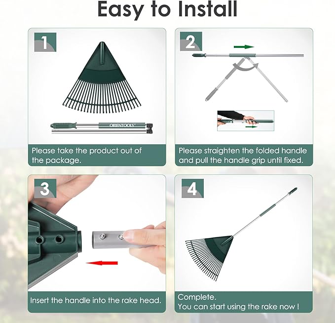 ORIENTOOLS Garden Leaf Rake, Garden Rakes for Lawns Leaves with 65.7" Foldable Handle Rake, 26 Strong Tines Plastic Head Shrub Rake, Yard Garden Rake for Lawns, Grass, Flower Beds Leaves Cleaning