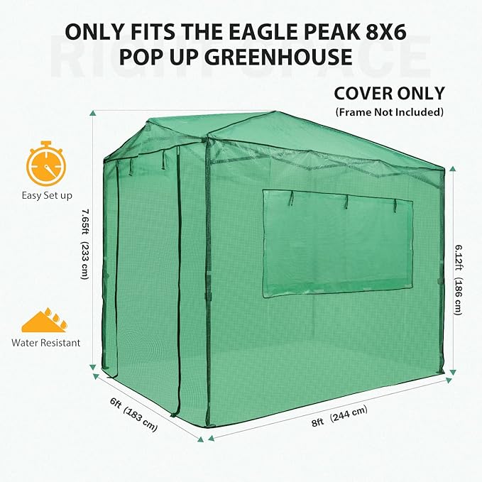 EAGLE PEAK Replacement Cover for 8x6 Portable Walk-in Pop up Greenhouse, Front and Rear Roll-Up Zipper Entry Doors and 2 Large Roll-Up Side Windows (Frame Not Included), Green