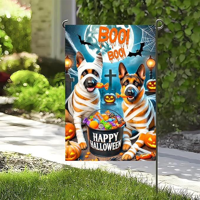 Halloween Garden Flag 11.81 x 17.72 Inch German Shepherd Dogs in Mummy Costume with Candy Pumpkins Bats and Full Moon Outdoor Yard Decoration for Holiday Party