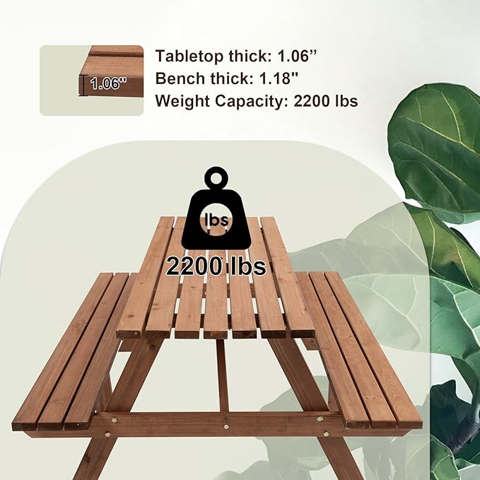 Outdoor Wooden Picnic Table with Benches and Umbrella Hole, Rustic Style Lifetime Picnic Table Bench Set for 6 or 8 Person for Backyard, Porch, Patio, and Deck, Brown