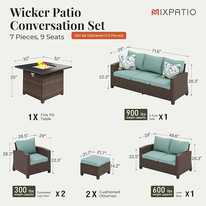 Patio Furniture Set, 7 Pcs Wicker Rattan Outdoor Conversation Set, 2 x Leg Chairs, 1 x 3 Seater Sofa, 1 x 2-Seat Lover Sofa and 2 x Ottomans with 4" Thick Cushion and 32" Fire Pit Table, Blue