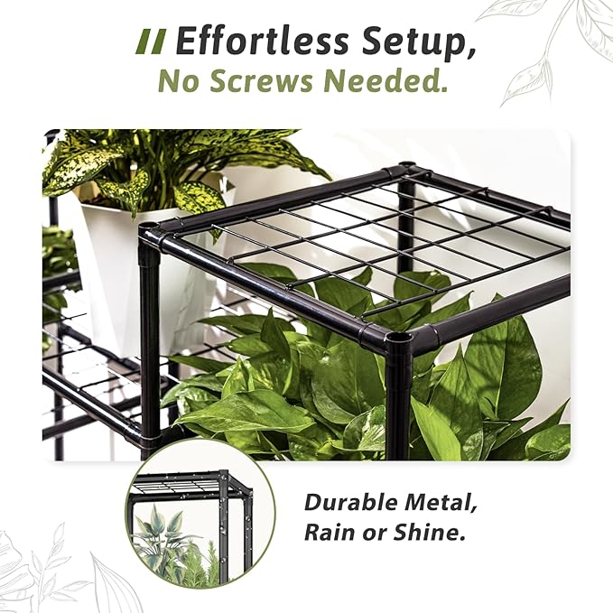 Plant Stand with Grow Lights Large Plant Shelf Indoor Plant Cabinet Hanging Plant Rack Metal Plant Holder for Multiple Plants for Living Room Patio Balcony Garden Black