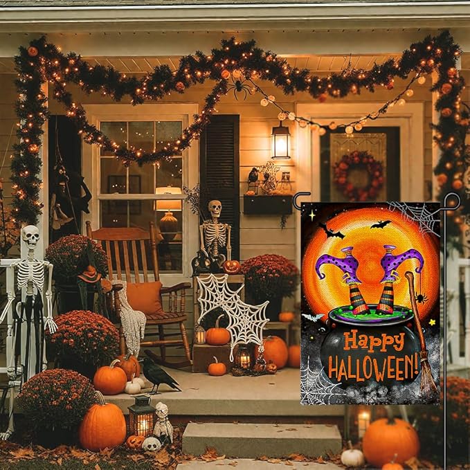 Happy Halloween Garden Flags for Outside 12x18 Inch Double Sided Burlap, Spooky Ghost Bat Sign Small Flag Farmhouse Holiday Yard Outdoor Decorations DF857