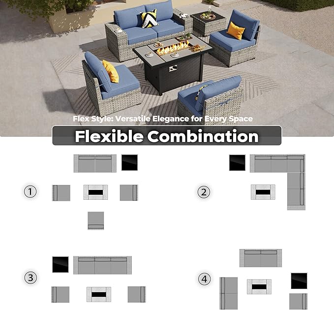 ovios 7 Pieces Patio Furniture Set, Outdoor Wicker Sectional Sofa with 42 Inch Fire Pit Table Comfy Cushions, Modern Modular Deep Seat Rattan Couch Conversation Set, Denim Blue