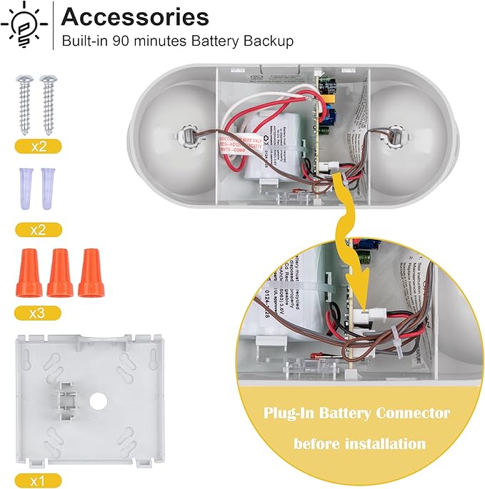 GRUENLICH LED Emergency Light with Battery Backup, 2 Adjustable Bug Eye Heads Lights, US Standard, AC 120-277V, Hardwired Commercial Emergency Exit Light for Business, 2-Pack