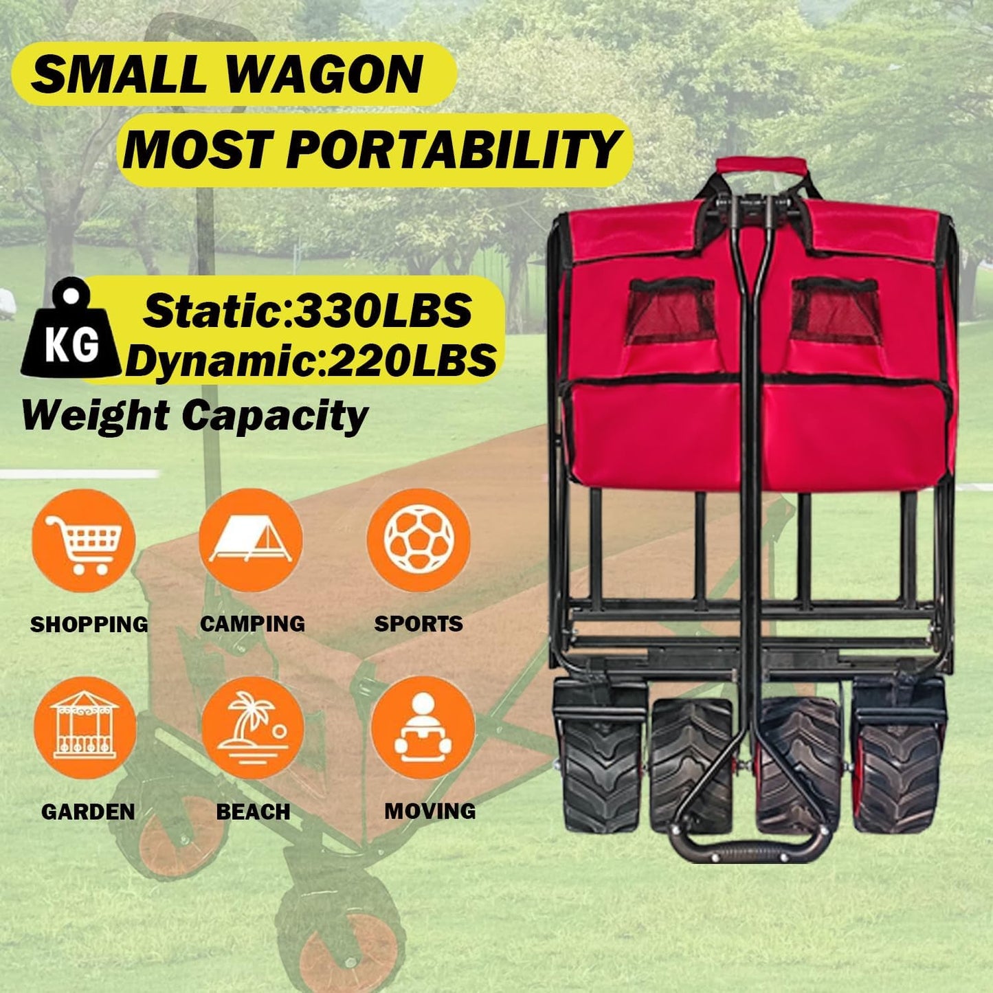 Collapsible Foldable Wagon Cart, Heavy Duty Folding Wagon with Big All-Terrain Beach Wheels, Portable Utility Garden Cart with 330lbs Weight Capacity for Camping Fishing & Outdoor Use