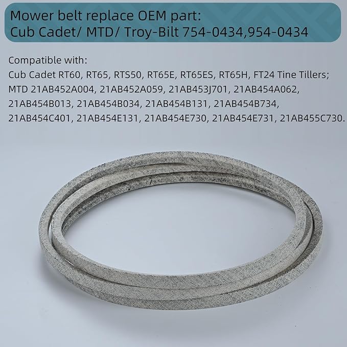 1/2 x 58'' Drive Belt 754-0434 954-0434, for Cub Cadet MTD Troy-Bilt RT60 RT65 RT65E RT65ES RT65H RTS50 FT24 RB-550 Tillers Lawn Mower Belt Kevlar Lawn Mower Belt (754-0434)