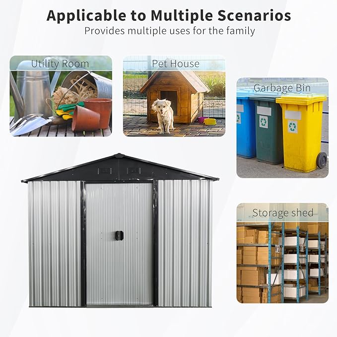 4x8 FT Outdoor Storage Shed, Metal Garden Shed with Frame Floor, Outside Tool Shed with Lockable Sliding Doors, Waterproof Storage Building with Sloped Roof for Backyard, Patio, Lawn, White+Black