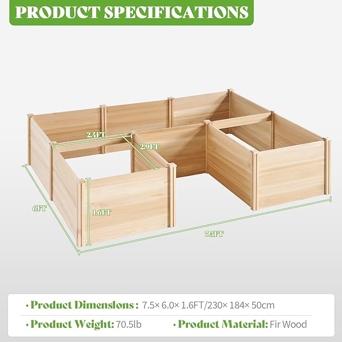 PaPaJet Wooden Raised Garden Bed, Large Deep Planter Box for Outdoor Gardening, Vegetables, Flowers, and Herbs, 7.5×6.0×1.6FT