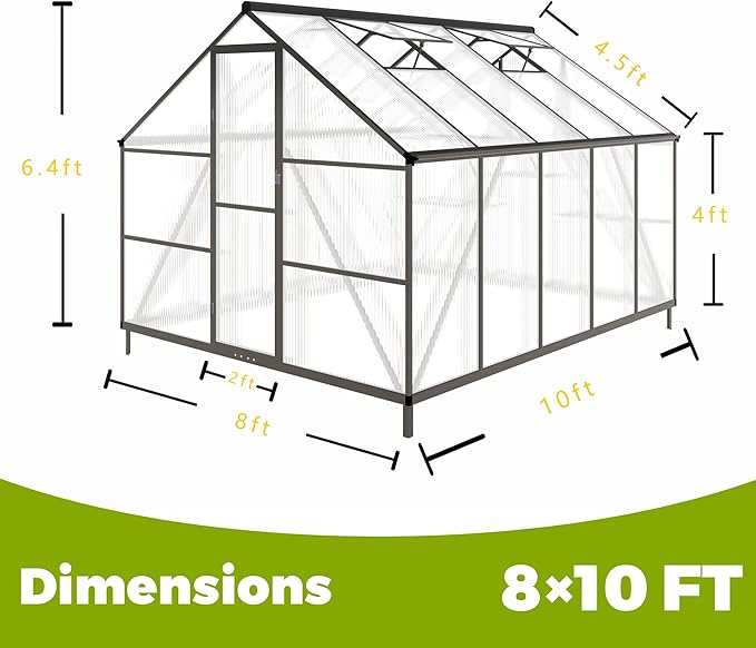 8x10 FT Greenhouses for Outdoors, Polycarbonate Greenhouse with PC Panels, Greenhouses for Outdoors for Yard, Garden, Hobby, Dark Grey