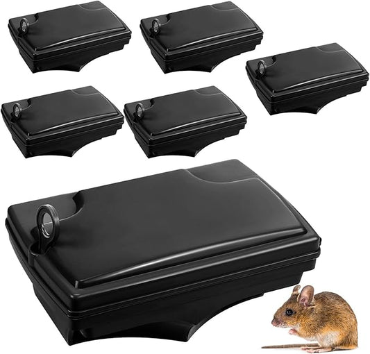 Qualirey 6 Pack Rat Bait Stations with 6 Keys Reusable Heavy Duty for Rodents Outdoor Mouse Poison Holder Large Station Traps for Mice Pests, Bait Not Included(Black)