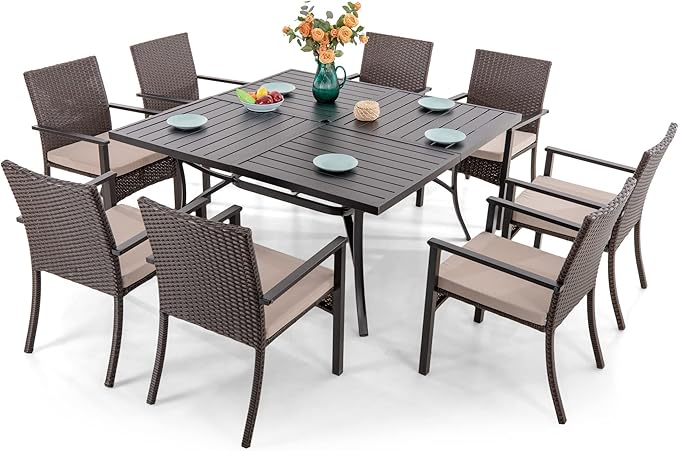 Sophia & William 9 Pieces Patio Dining Set for 8, All Weather Square Outdoor Table with Umbrella Hole, 8 Rattan Chairs with Cushions, Large Patio Table and Chairs Set for Outside, Black Tabletop