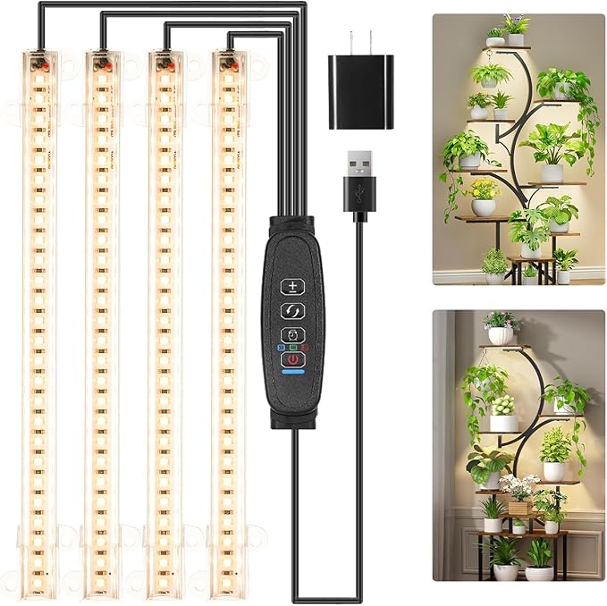 Four Head 8.6 Inches LED Grow Light Strips, Grow Lights for Indoor Plants Full Spectrum 3000K, 104 LEDs Plant Light with 10 Dimmable Levels, 3/9/12H Timer for Seedling Succulent and Plant Shelf