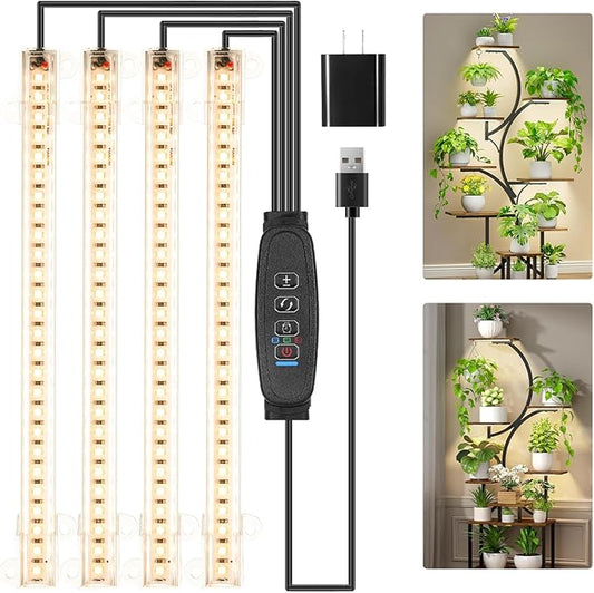 Four Head 8.6 Inches LED Grow Light Strips, Grow Lights for Indoor Plants Full Spectrum 3000K, 104 LEDs Plant Light with 10 Dimmable Levels, 3/9/12H Timer for Seedling Succulent and Plant Shelf