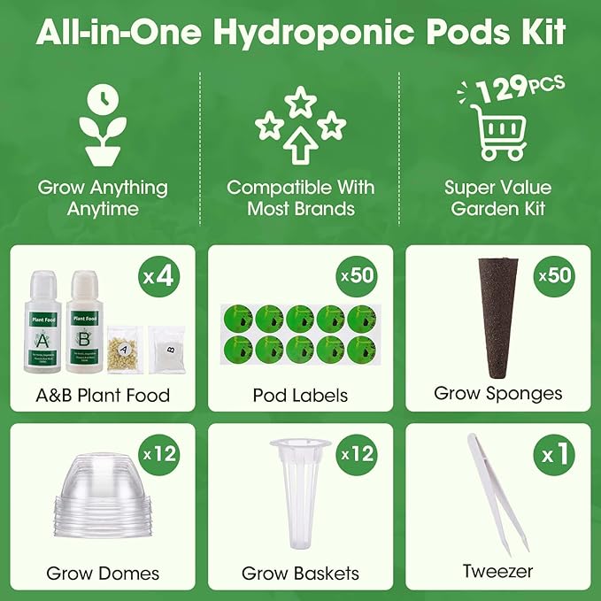 129Pcs Hydroponic Pods Kit with A&B Plant Food, Hydroponic Pods with 50 Grow Sponges, 50 Plant Labels,12 Grow Baskets, 12 Grow Domes and 1 Tweezers - Compatible with Aerogarden Grow Anything Herb Kits
