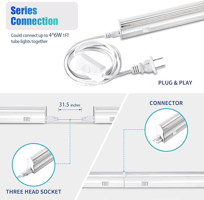 1FT T5 4-Pack Grow Lights for Indoor Plants, 3000K Warm Full Spectrum LED , Plant Grow Lamps with Side Switch, Suitable for Greenhouse Seed Starting, Vegetables, Plug and Play, Easy Installation