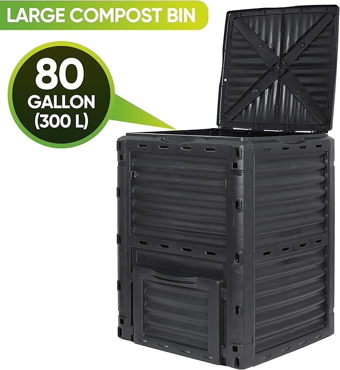 JupiterForce Garden Compost Bin 80 Gallon (300 L) from BPA Free Material, Large Composting Bin Outdoor Composter, Easy Assembling, Fast Creation of Fertile Soil, Lightweight, Black