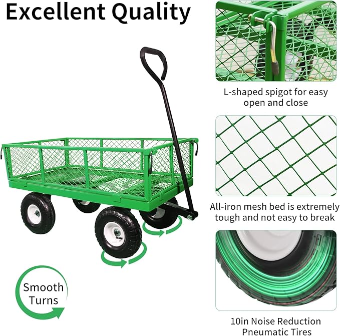 AAIN 600 lbs Metal Garden Cart,Heavy Duty Garden Wagon with Removable Steel Mesh Sides, Utility Yard Cart with 180° Rotating Handle and 10-inch Wheels—Perfect for Gardens, Farms, and Yards, Green