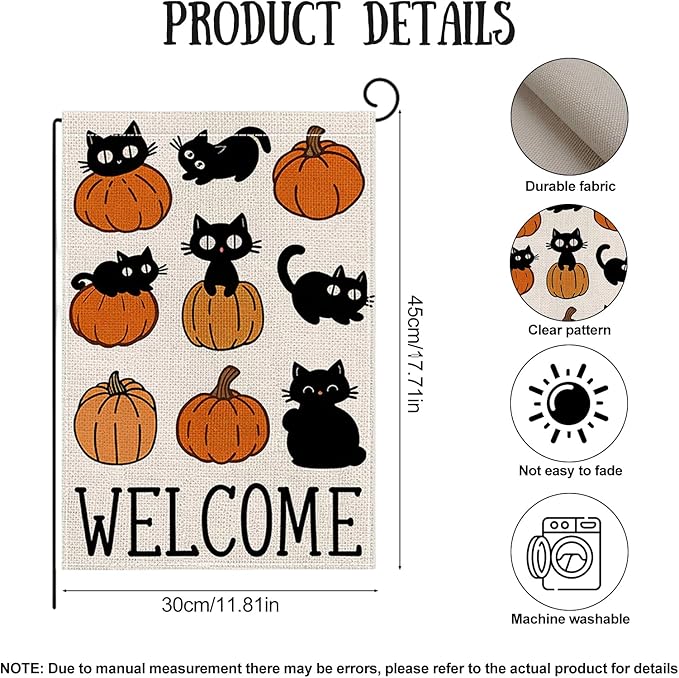 Halloween Garden Flag 12 x 18 Inch Double Sided Cute Cat Pumpkin Designs Fall Autumn Burlap Yard Flag for Outside Rustic Yard Outdoor Holiday Home Decoration