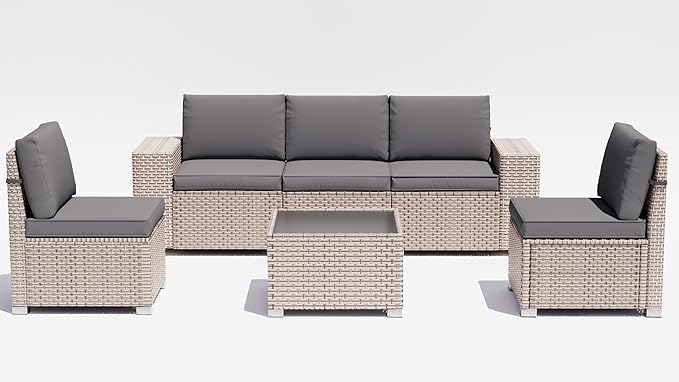 6 Pieces Patio Furniture Set, Outdoor Sectional Wicker Sofa with Thickened Cushions and Coffee Table, High Back Rattan Patio Conversation Sets for Garden Backyard, Grey