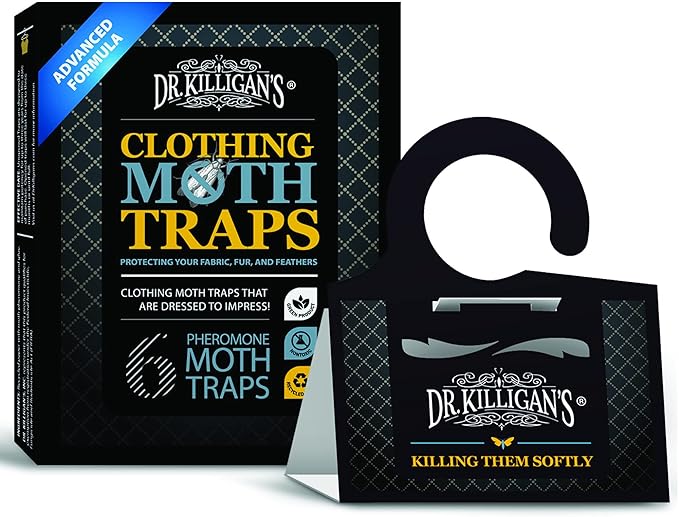 Dr. Killigan's Premium Double Potent Clothing Moth Traps with Pheromones Prime, Organic Clothes Moth Trap with Lure for Closets & Carpet, Case Making & Web Spinning (6 Pack, Black)