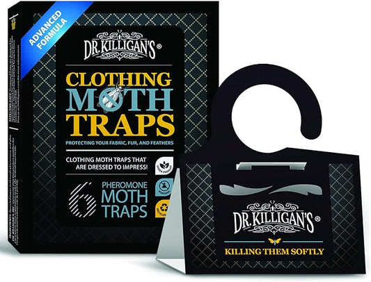 Dr. Killigan's Premium Double Potent Clothing Moth Traps with Pheromones Prime, Organic Clothes Moth Trap with Lure for Closets & Carpet, Case Making & Web Spinning (6 Pack, Black)