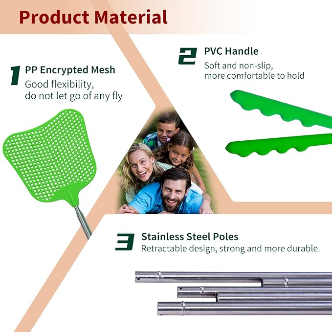 Fly Swatters 2 Pack Green, Durable Telescopic Stainless Steel Handle, Heavy Duty Upgraded Plastic Fly Swatter Set for Indoor Outdoor Home Hiking Camping Garden