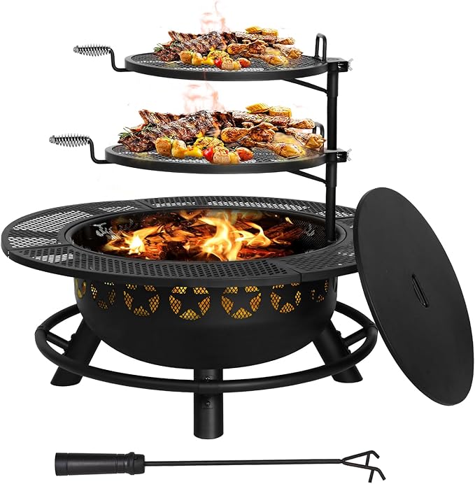 Hykolity 35 Inch Fire Pit with 2 Cooking Grate & Charcoal Pan, Outdoor Wood Burning BBQ Grill Firepit Bowl with Cover Lid, Steel Round Table for Backyard Bonfire Patio Picnic