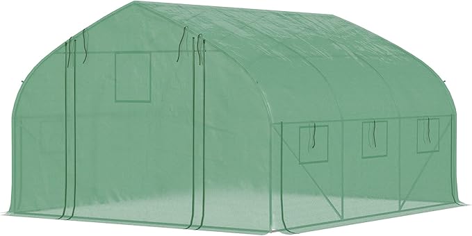 Outsunny 11.5' x 10' x 6.5' Walk-in Tunnel Greenhouse, Green House with Zippered Mesh Door, 7 Mesh Windows & Roll-up Sidewalls, Upgraded Gardening Plant Hot House with Galvanized Steel Hoops, Green