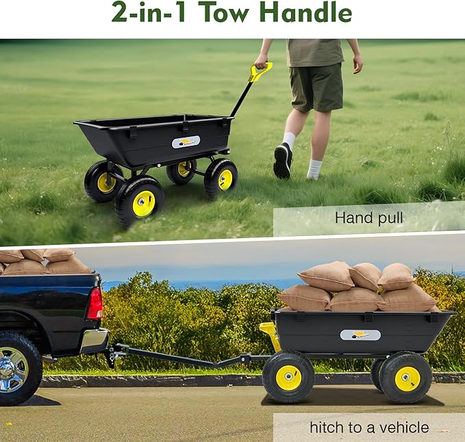 Garden Dump Cart, Heavy-Duty Utility Wagon with 900 lb Capacity, 5 Cu Ft Bed, 10" Pneumatic Tires, 180° Pivot Steering for Yard, Lawn, and Beach Use