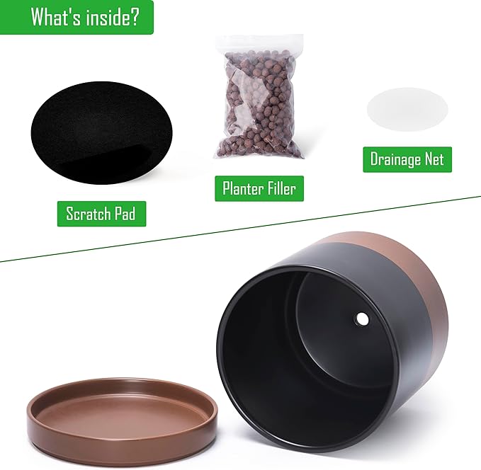 D'vine Dev 10 Inch, Ceramic Planter Pot with Drainage Hole and Saucer, Indoor Cylinder Round Planter Pot, Black/Speckled Tan, 94-O-E-7