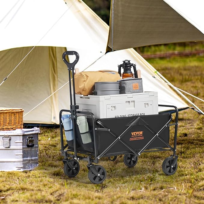 VEVOR 350lbs Collapsible Foldable Wagon Cart, Heavy Duty Foldable Utility Beach Wagon with Big Wheels, Portable Grocery Camping Cart with All Terrain Wheels and Drink Holder