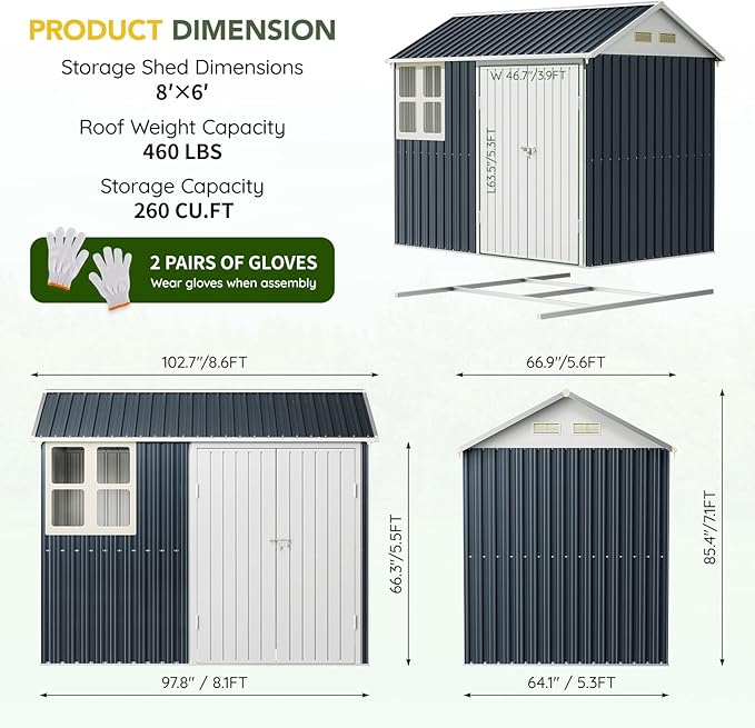 Breezz 6X8FT Outdoor Steel Storage Shed with Frame Floor,Clear Window, Lockable Doors, Weather-Resistant Metal Tool Shed for Garden, Backyard, Patio, and Utility Storage,Nightblue