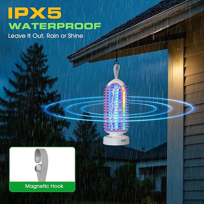 Bug Zapper Outdoor Indoor, Cordless Mosquito Zapper with LED Lights and Marquee Lights, Rechargeable Fly Zapper Outdoor Waterproof for Camping, Patio, Backyard, Garden, Home