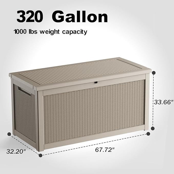 320 Gallon Outdoor Storage Box, Large Outdoor Deck Box,Waterproof & UV Resistant Resin Storage Box Lockable for Patio Cushions, Gardening Tools, Pool Accessories(Gray)