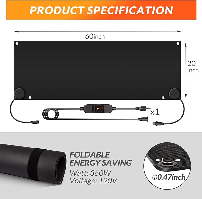 Walensee Snow Melting Mats for Walkways, 20" x 60" Graphene Heated Outdoor Mats with Plug, No-Slip Rubber Snow Heating Mats, 3 in/h Speed, Ice Melts Pads for Winter Backyards, Sidewalks Snow Removal