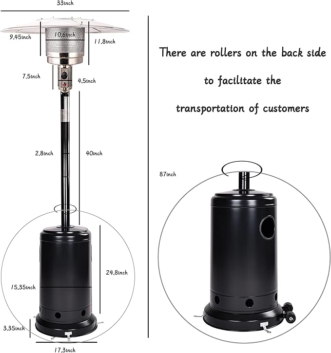 48,000 BTU Outdoor Propane Patio Heater with Wheels, Commercial & Residential, Black