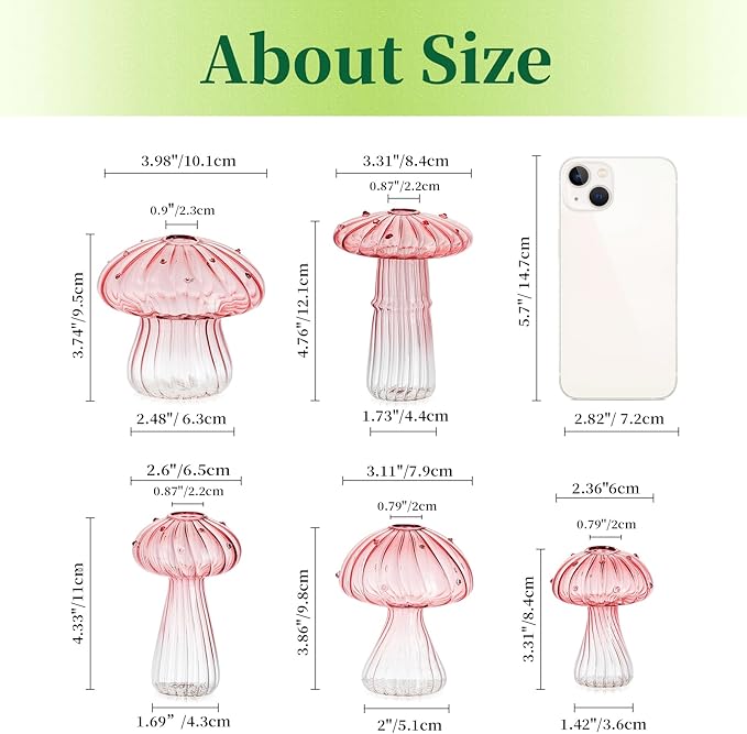 Hewory Mushroom Jars for Plants, 10pcs Pink Glass Mushroom Bud Vase for Flowers, Unique Plant Propagation Stations Propagating Vases Decor, Mini Cute Hydroponic Terrarium Planter for Indoor Planters