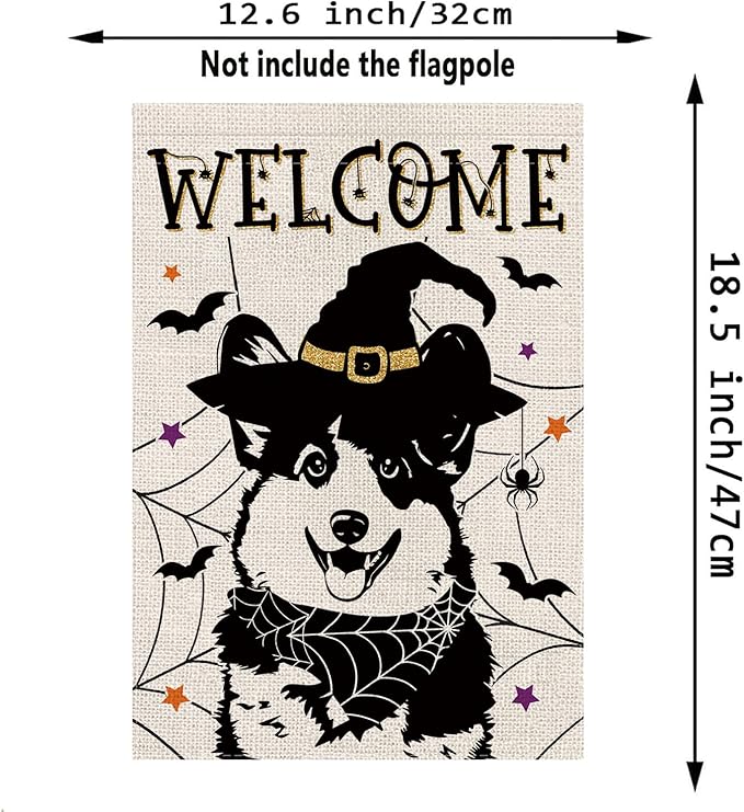 Halloween Garden Flag Corgi Cobweb Bats Double Sided Vertical Welcome Flag Holiday Outdoor Yard Lawn Decorations 12.5 x 18 Inch