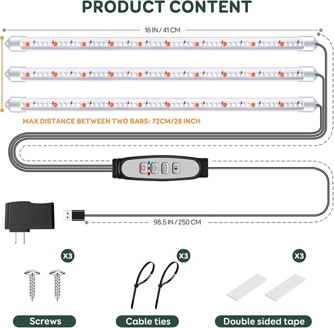 Tri-Bars Grow Light Strips for Indoor Plants with Auto ON/Off Timer 6/12/18H, 5 Dimmable Levels for Shelves Plant Growing(Pack 1)