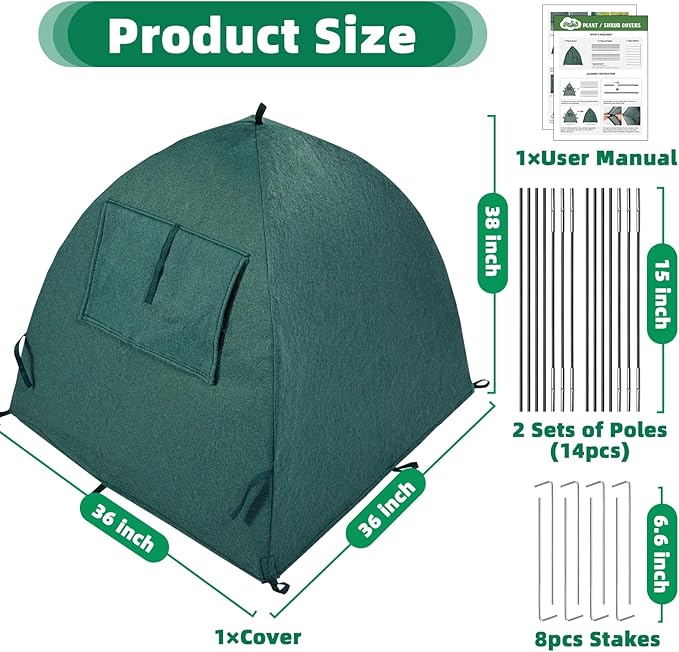 Plant Cover Frost Tent, 36''x36''x38'' Outdoor Garden Fabric Cover with Poles and Stakes for Winter Frost, Shade Cloth Plant Guard for Shrubs, Small Trees, Green