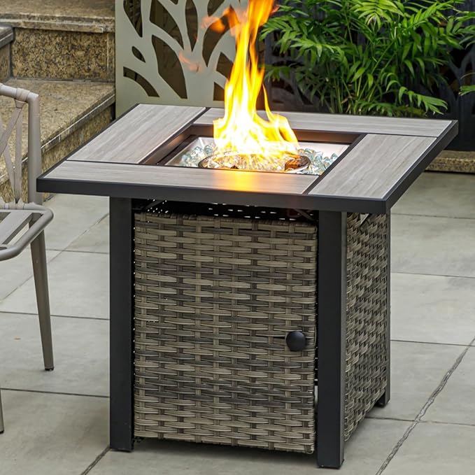 30" Propane Fire Pit Table with Real Ceramic Tabletop & Ratten Side Panel, 50000 BTU Gas Firepit Table with Lid & Glass Rock, Outdoor Fire Pit for Dining or Party, Firepit for Outside, Patio