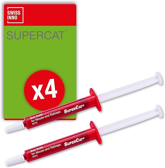 SWISSINNO Replacement Bait Syringe for Mouse and Rat Traps SuperCat – Highly Attractive Rodent Lure Paste – Long-Lasting Formula – Up to 20 Applications Each – Ready to Use - 4 Sets