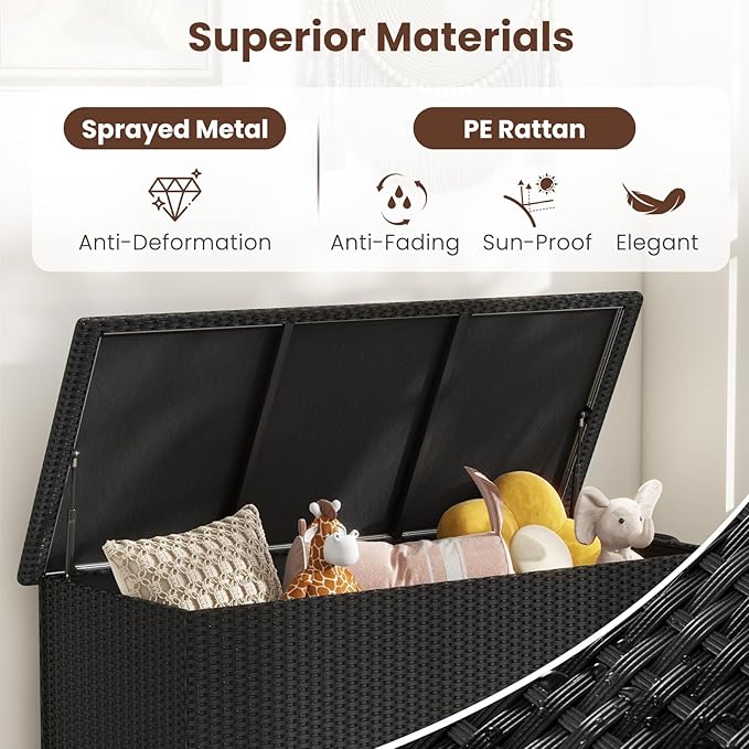 Tangkula Rattan Deck Box, 85 Gallon Storage Container with Waterproof Liner, Wheels & Gas Strut, Indoor Outdoor Wicker Storage Cabinet, Storage Furniture for Pillows, Cushions (Black)