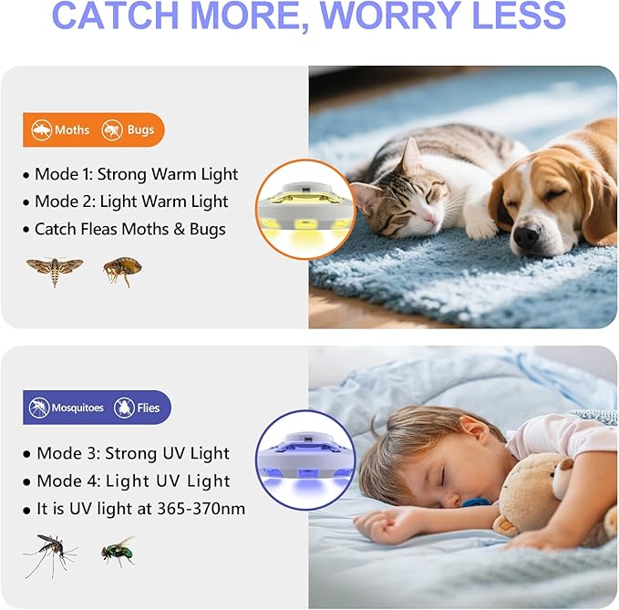 Updated Flea Traps for Inside Your Home with 3 Sticky Pads and USB Cable, Flea Light Traps for Home, Hanging Pest Control Device for Bugs Moths Gnats, Effective Indoor Outdoor