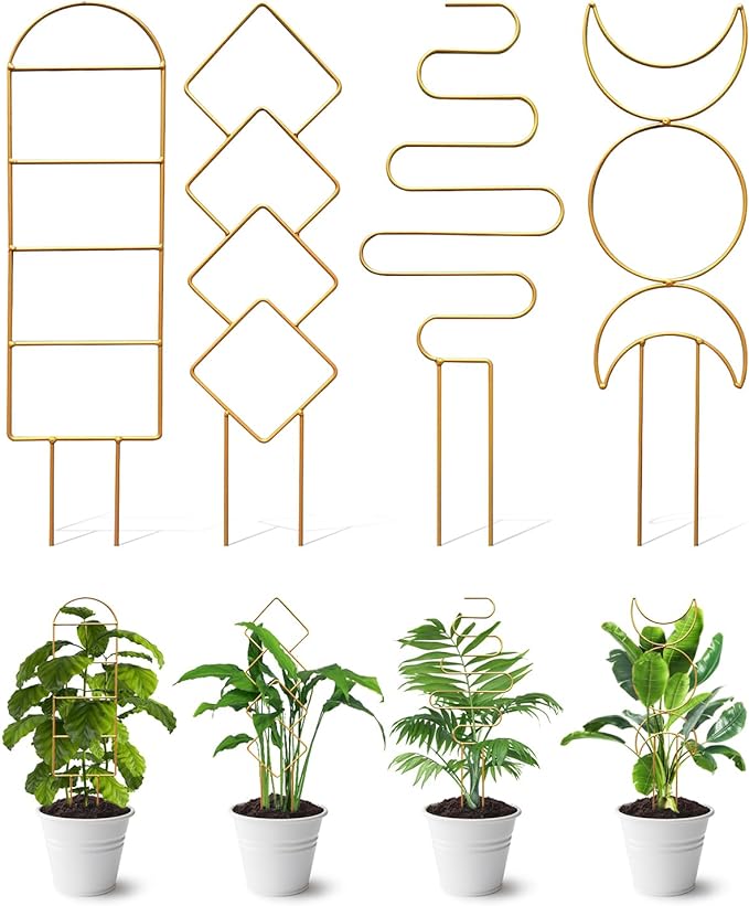 4 Pack Indoor Climbing Plant Trellis, Small Trellis for Potted Plants Outdoor, Metal Garden Trellis Plant Support Trellis with Different Patterns for Vine Ivy Flower (Golden)
