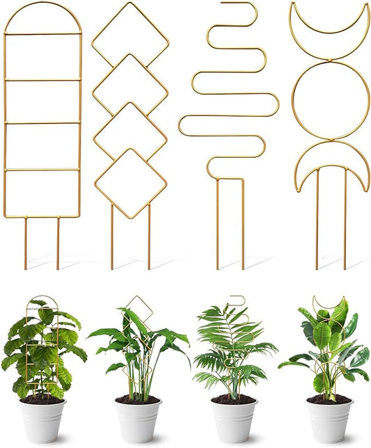 4 Pack Indoor Climbing Plant Trellis, Small Trellis for Potted Plants Outdoor, Metal Garden Trellis Plant Support Trellis with Different Patterns for Vine Ivy Flower (Golden)