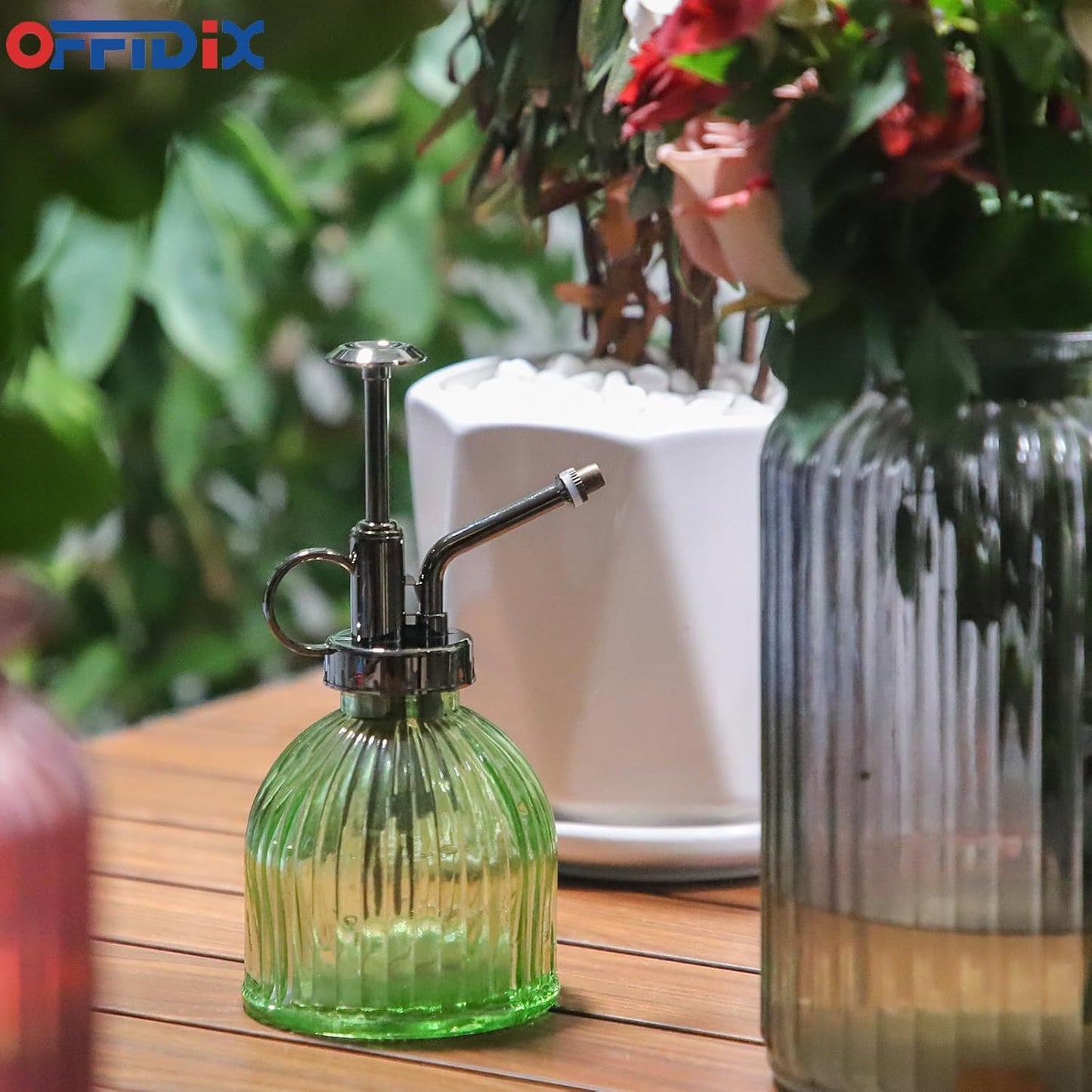 OFFIDIX Glass Plant Mister, 6.3 Inches Tall Vintage Style Spritzer Bronze Plastic Top Pump One Hand Watering Can Indoor Plant Spray Bottle for Garden, Plants, Cleaning (Light Green)